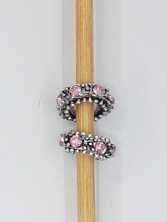 11MM  LARGE HOLE RONDELLE - ANTIQUE SILVER - PINK