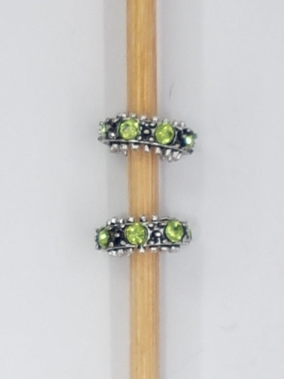 11MM  LARGE HOLE RONDELLE - ANTIQUE SILVER - GREEN