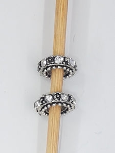 11MM  LARGE HOLE RONDELLE - ANTIQUE SILVER - DIAMOND CLEAR