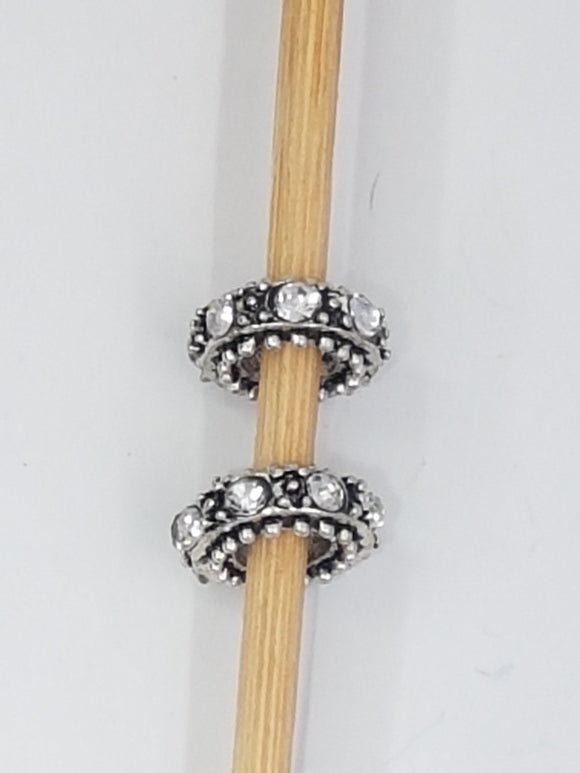 11MM  LARGE HOLE RONDELLE - ANTIQUE SILVER - DIAMOND CLEAR
