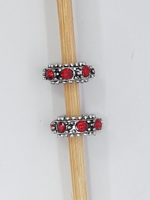 11MM  LARGE HOLE RONDELLE - ANTIQUE SILVER - RED