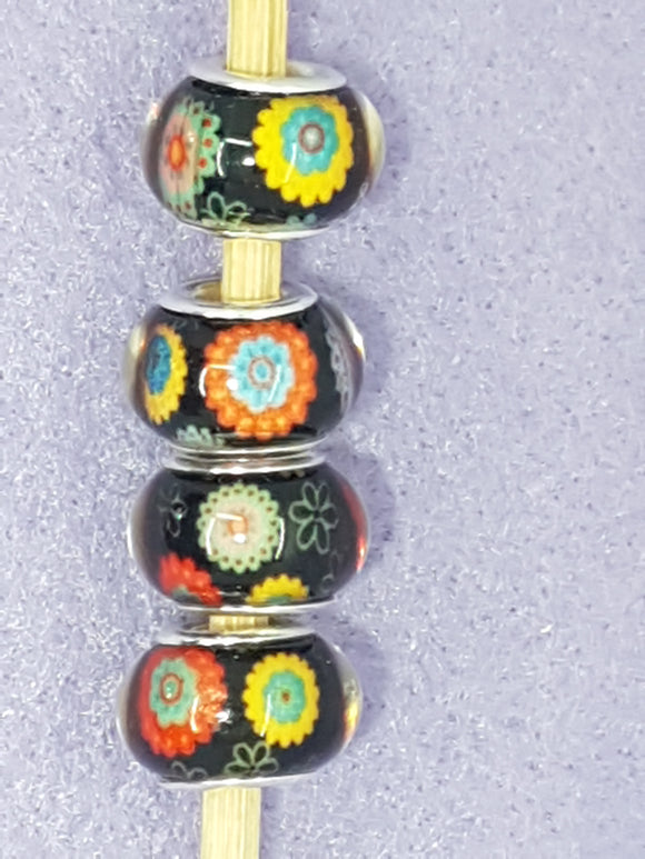 14MM LARGE HOLE ACRYLIC RONDELLES - BLACK WITH FLOWERS