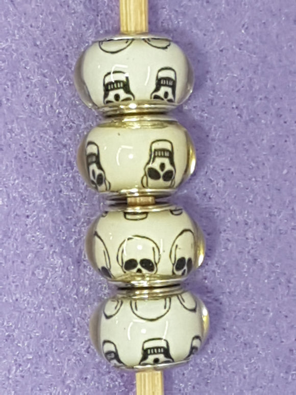 14MM LARGE HOLE ACRYLIC RONDELLES - WHITE WITH SKULLS