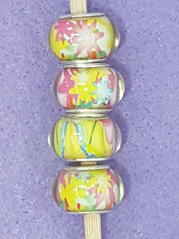 14MM LARGE HOLE ACRYLIC RONDELLES - YELLOW/PINK FLOWERS