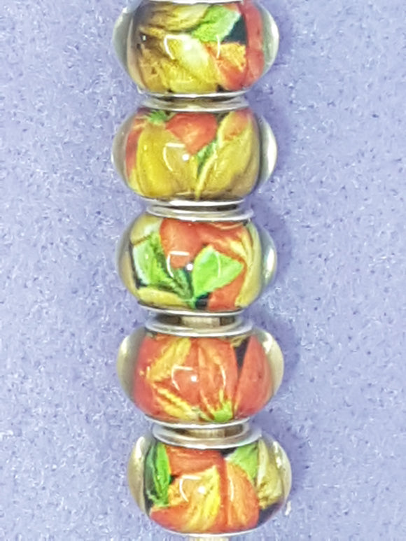 14MM LARGE HOLE ACRYLIC RONDELLES - RED/ORANGE FLOWERS