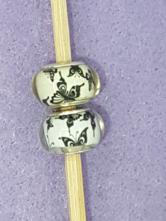 14MM LARGE HOLE ACRYLIC RONDELLES - WHITE/BLACK BUTTERFLIES