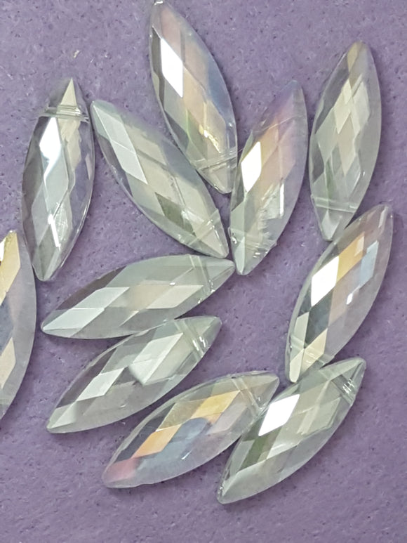 HORSE EYE - 30 X 10 X 7MM FACETED CRYSTAL GLASS - E. PLATED AB CLEAR