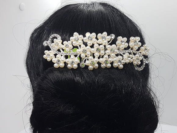WEDDING COMB - BRASS & RHINESTONES - WITH PEARL FLOWERS