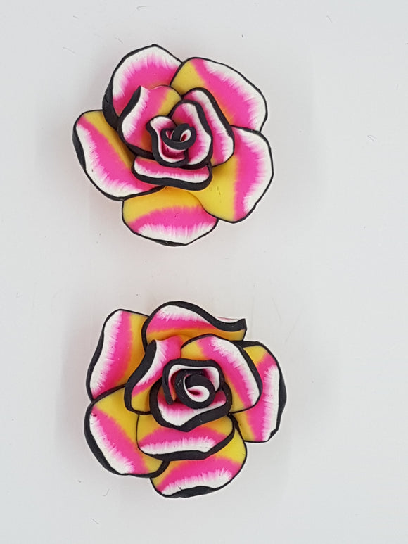 FLOWERS - 40-45MM POLYMER CLAY - FUCHSIA/YELLOW/BLACK