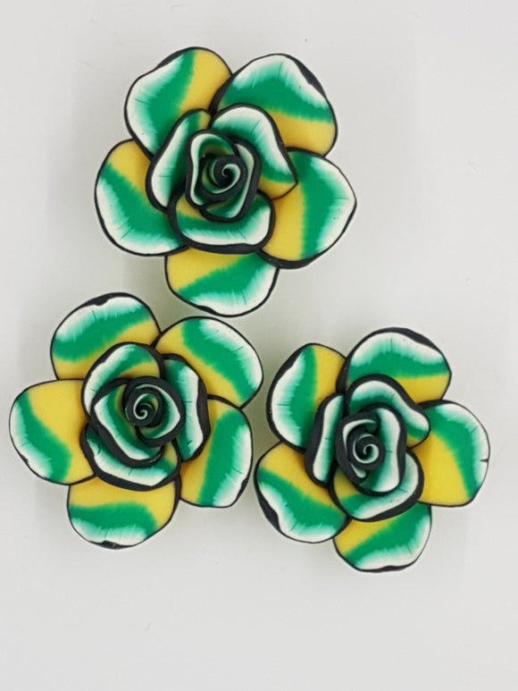 FLOWERS - 40-45MM POLYMER CLAY - GREEN/YELLOW/BLACK