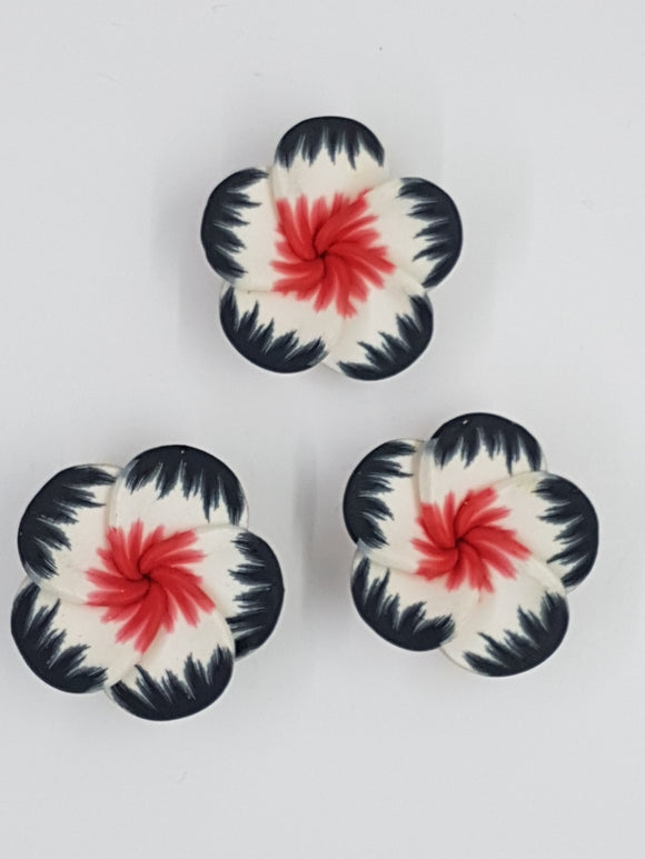 FLOWERS - 36-38MM POLYMER CLAY - BLACK/RED/WHITE