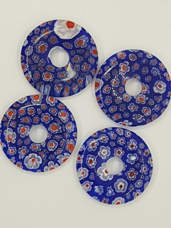 34MM DONUT - MILLEFIORI GLASS - TRANSPARENT BLUE/RED/WHITE