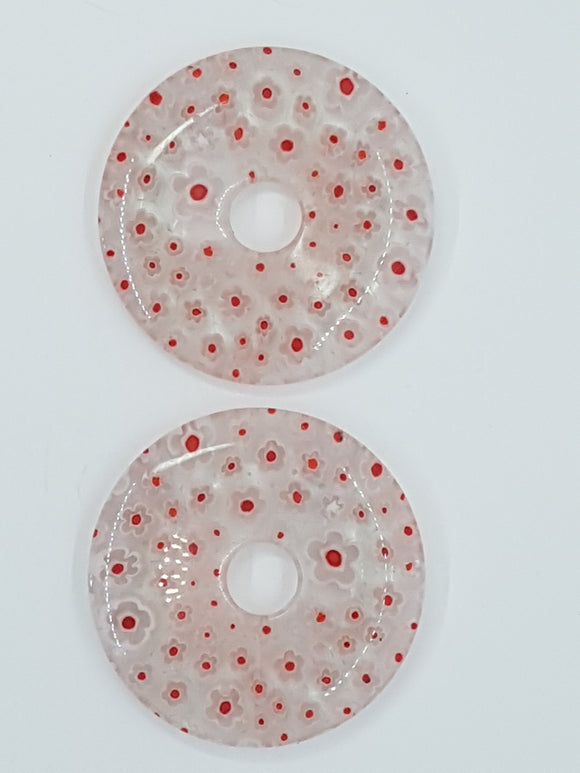 34MM DONUT - MILLEFIORI GLASS - TRANSPARENT CLEAR/RED/WHITE