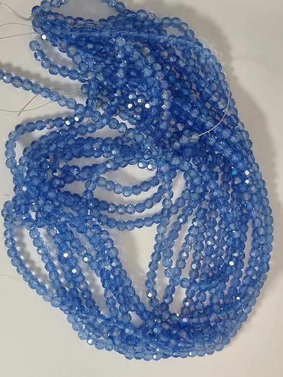 4MM GLASS FACETED ROUND BEADS - E. PLATED AB CORNFLOWER BLUE