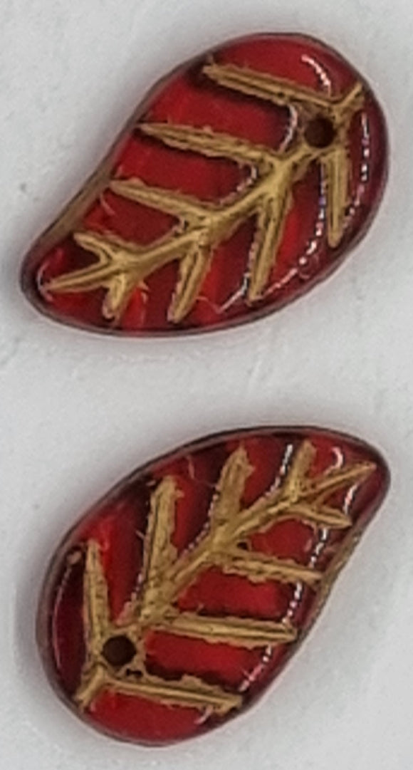 15X9-9.5X3MM CZECH LAMPWORK LEAVES - RED/GOLD INLAY