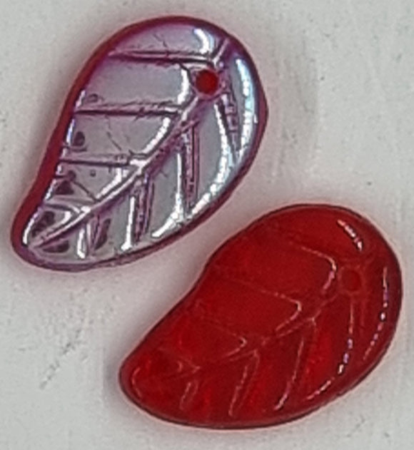 15X9-9.5X3MM CZECH LAMPWORK LEAVES - CRIMSON/RED AB