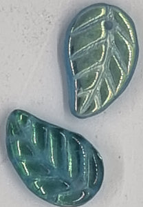 15X9-9.5X3MM CZECH LAMPWORK LEAVES - SEAFOAM/GOLD INLAY