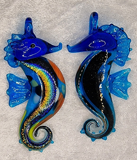 PENDANT - GLASS/DICHROIC SEA HORSE - 68 X 38MM - MID BLUE