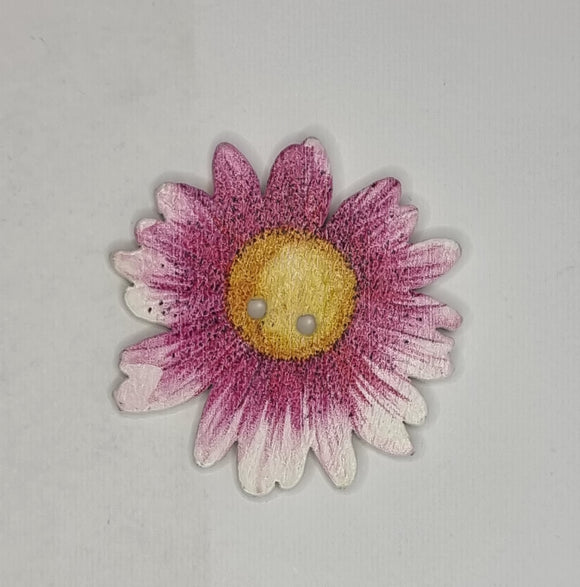 BUTTONS - 33X33MM WOODEN FLOWER - VIOLET/WHITE