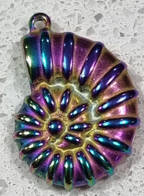 CHARMS - MARINE - 21X15X4MM - AMMONITE FOSSIL- RAINBOW COLOUR PLATED