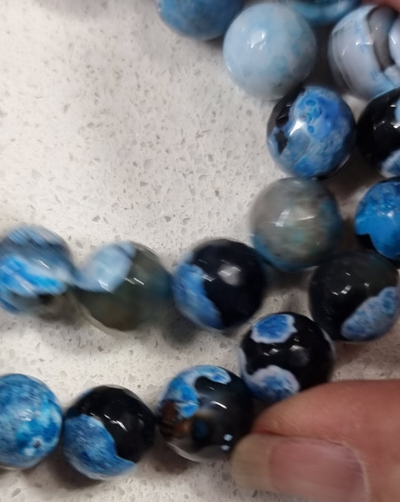 10mm Natural Faceted Fire Crackle Agate Beads - Deep Sky Blue