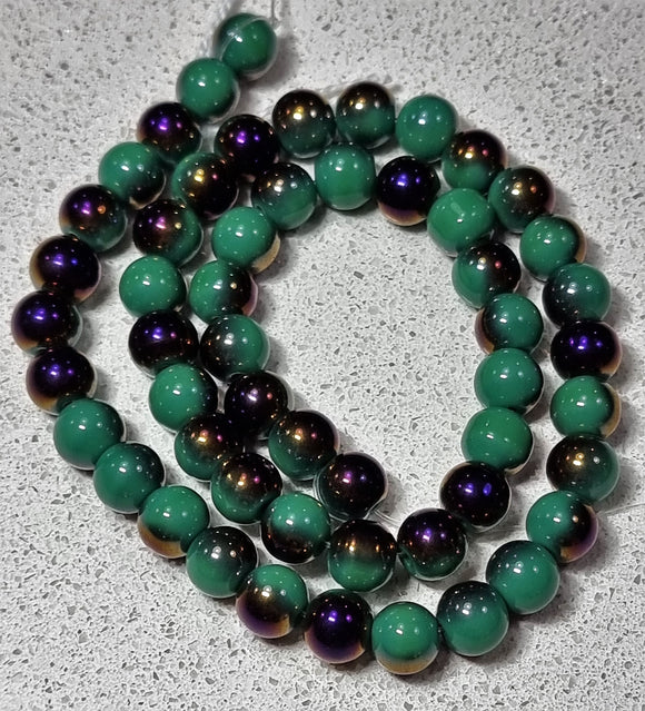 8MM GLASS BEADS - GREEN/PURPLE PLATED