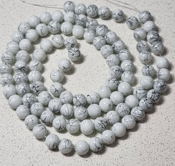 8MM GLASS BEADS - WHITE/BLACK MOTTLE