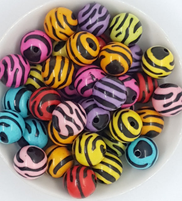 16MM ACRYLIC BEADS - ZEBRA STRIPED MIXED COLOURS