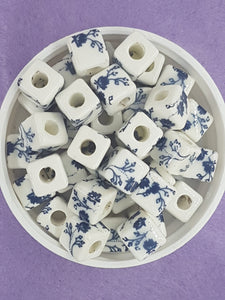 CUBES - 10MM HANDMADE PORCELAIN - WHITE/BLUE FLOWERS