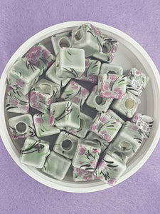 CUBES - 10MM HANDMADE PORCELAIN - GREY/PINK FLOWERS