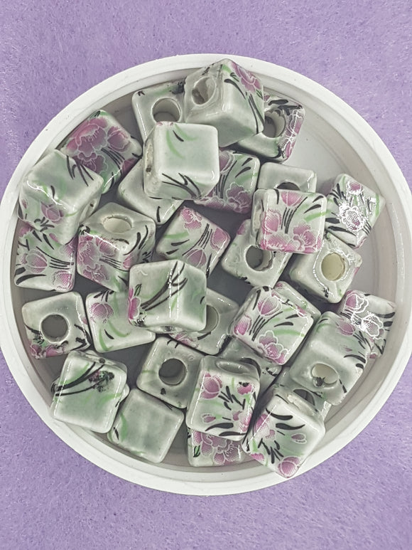 CUBES - 10MM HANDMADE PORCELAIN - GREY/PINK FLOWERS