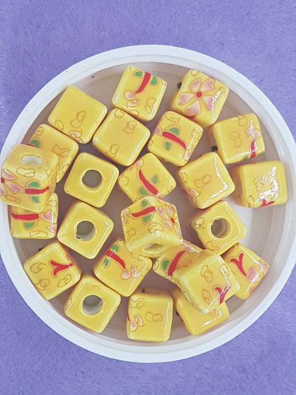 CUBES - 10MM HANDMADE PORCELAIN - YELLOW/PINK FLOWERS