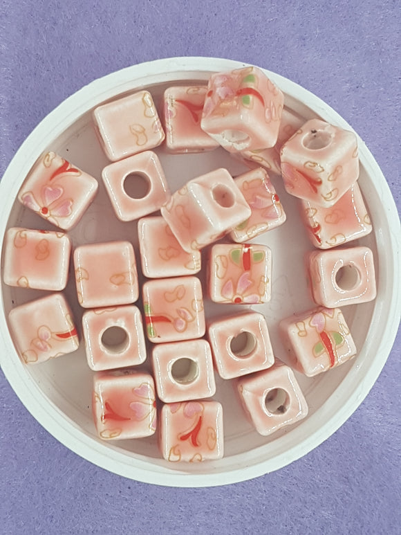 CUBES - 10MM HANDMADE PORCELAIN - SALMON/PINK FLOWERS