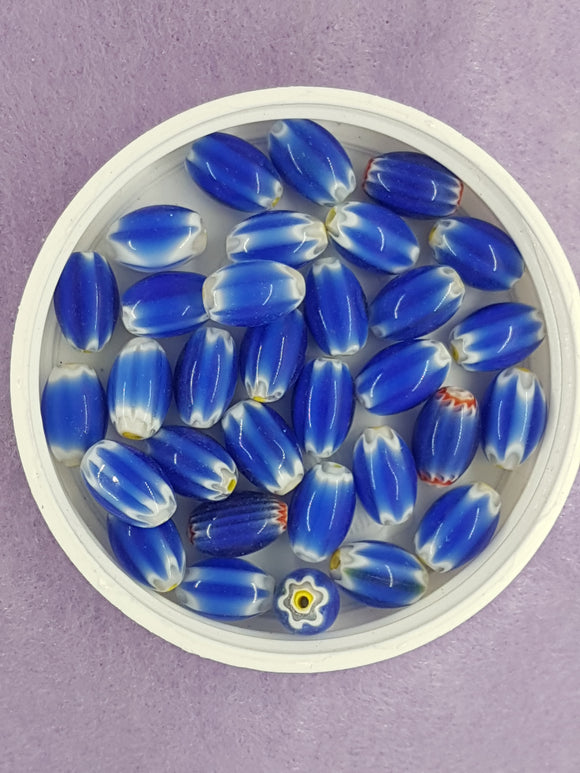 OVAL - 12 X 7.5MM HANDMADE MILLIEFIORI GLASS BEADS - COBALT