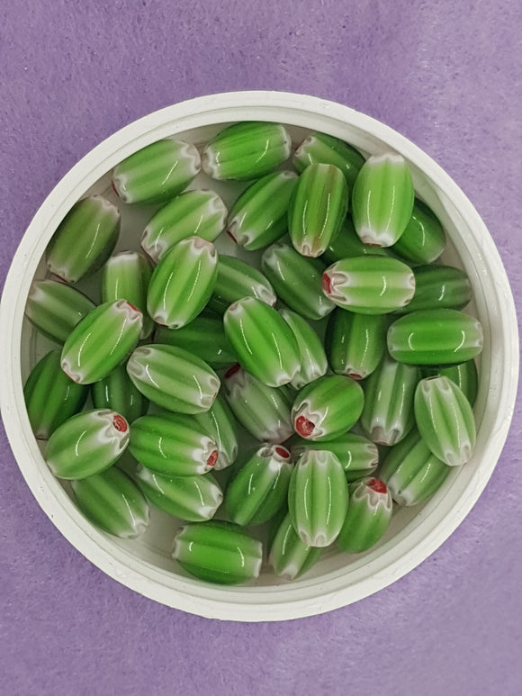 OVAL - 12 X 7.5MM HANDMADE MILLIEFIORI GLASS BEADS - GREEN