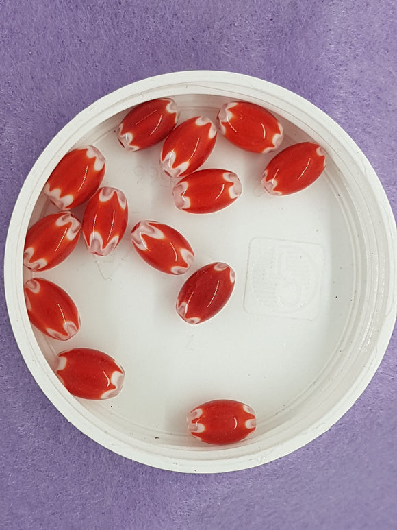 OVAL - 12 X 7.5MM HANDMADE MILLIEFIORI GLASS BEADS - RED