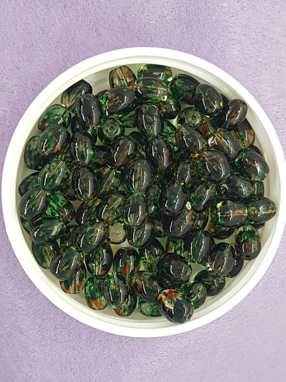 OVAL - 9 X 6MM SPRAY PAINTED GLASS BEADS - GREEN