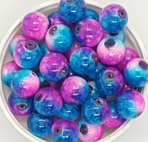 12MM GLASS BEADS - 20 PER PACKET -MEDIUM BLUE AND FUCHSIA