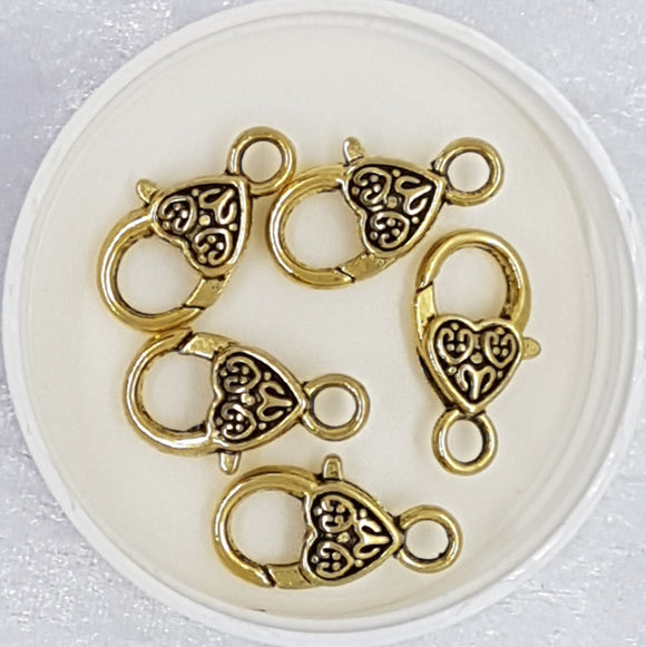 LOBSTER CLASPS - ANTIQUE GOLD COLOUR HEART